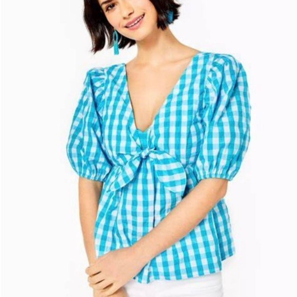 Lilly Pulitzer Sarafina Short‎ Sleeve top size 8 turquoise crinkle gingham